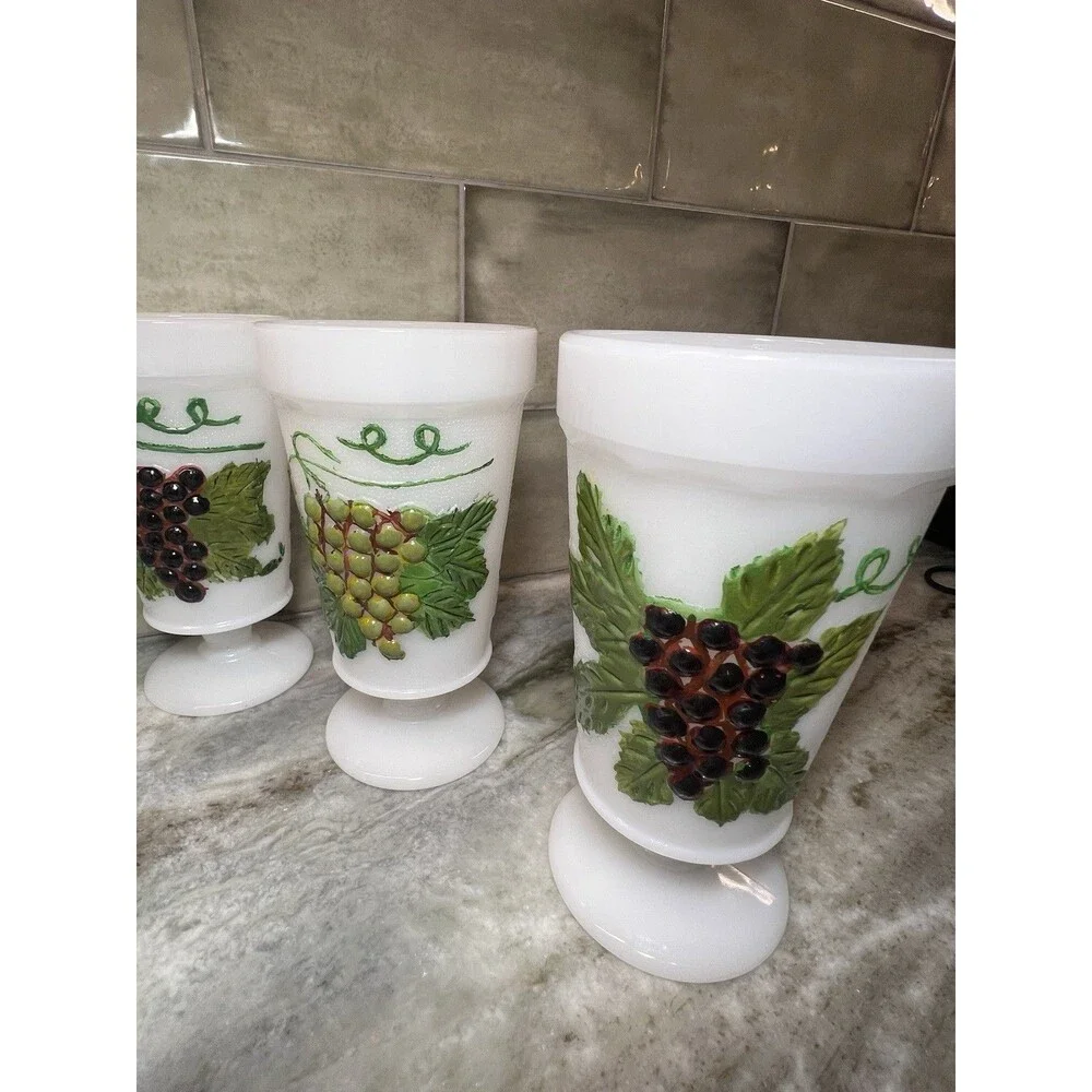 Anchor Hocking Harvest Grape Design Milk-Glass Goblets Circa 1950s Rare Painted